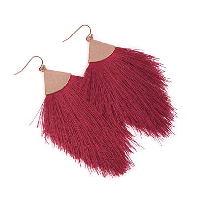 Bohemian Silky Thread Fan Fringe Tassel Statement Earrings - Lightweight Strand Feather Shape Dangles - color: Feather Fringe - Plum