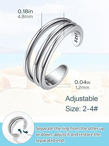 ChicSilver Toe Rings for Women 925 Sterling Silver Adjustable Toe Ring | 925 sterling silver, hypoallergenic for sensitive skin, adjustable open band, summer beach wear gift - color: C: 3 Row (1 pc)