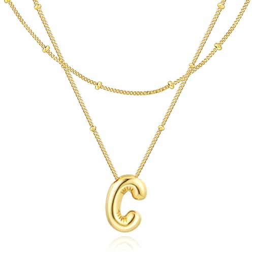 Bubble Letter Necklace for Women, 14k Gold Plated Initial Letter Pendant Necklace Personalized Jewelry A - Z 26 letters - style: Gold-C
