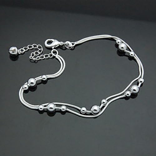 Womens Anklet 925 Sterling Silver Layered Anklet Bracelet Dainty Beaded Foot Chain Adjustable Summer 24k Gold Plated Beach Jewelry Gift - color: Snake chain Silver