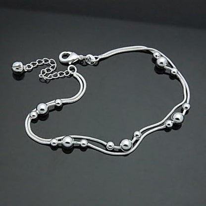 Womens Anklet 925 Sterling Silver Layered Anklet Bracelet Dainty Beaded Foot Chain Adjustable Summer 24k Gold Plated Beach Jewelry Gift - color: Snake chain Silver