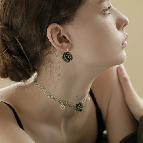 Handmade Bohemian Aesthetic Dainty Acrylic Flower Petal Leverback Earrings Sparkly 14K Gold Floral Dangle Drop Earrings for Women - color: Olive Green