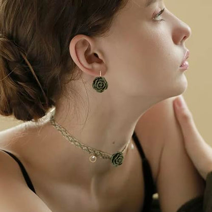 Handmade Bohemian Aesthetic Dainty Acrylic Flower Petal Leverback Earrings Sparkly 14K Gold Floral Dangle Drop Earrings for Women - color: Olive Green