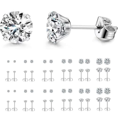 12 Pairs Stud Earrings Set, Hypoallergenic Surgical Stainless Steel 316L Earring for Women Men, Small Earring Studs Pack with Cubic Zirconia - color: Silver-6 Sizes-3，4，5，6，7，8