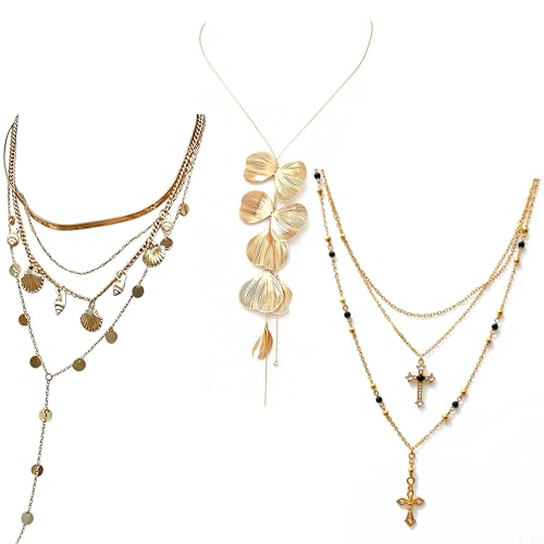3 Pcs Long Y-Shaped lariat Necklace, Cross Pendant Drop Chain Layered Pearl,Beaded Shell Leaf Necklaces for Women Daily,Summer Beach Holiday,Party
