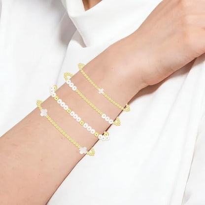 14K Gold Plated Stackable Beaded Bracelets for Women - 4Pcs Cross & Pearl Stretch Bracelet Stack, Waterproof Gold Beaded & Pearl Bracelet Set