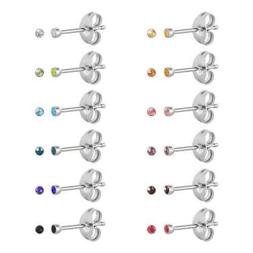 12 Pairs Surgical Stainless Steel Cubic Zirconia Birthstone Stud Earrings Heart Star Round Multicolors Stud Earrings Set for Women - style: Silver round 2mm