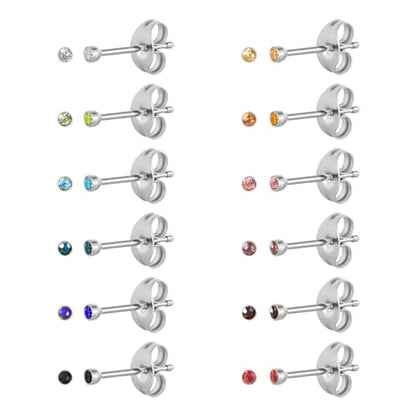 12 Pairs Surgical Stainless Steel Cubic Zirconia Birthstone Stud Earrings Heart Star Round Multicolors Stud Earrings Set for Women - style: Silver round 2mm