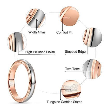 NUNCAD Men Women Tungsten Wedding Engagement Band | 4/6/8mm Two-tone Gold Silver, Domed Polished Step Edges, sizes 5-12 Wedding Band - color: 4mm-Rose Gold & Silver