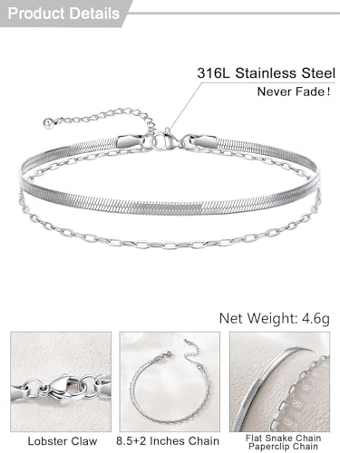 U7 Silver/Gold/Black Ankle Bracelets for Women Layered Chain Anklets | Stainless Steel Anklets Waterproof Summer Beach Anklet Charm, Adjustable 8.5"-10.5",Layered Anklet Fashion - color: Silver - Flat Snake Chain+Paperclip Chain