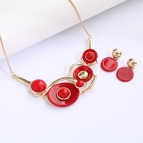 Chunky Statement Jewelry Set Vintage Retro Leaf Flower Floral Geometric Bohemian Boho Bib Necklace Earring Set Fashion Costume Jewelry for Women Girls Wedding Party Prom Unique Gift - style: circle JS gold red