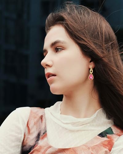 Crystals Teardrop Dangle Drop Earrings, 18K Gold Plated Hoop Earrings Zirconia Jewelry for Women Gifts - color: Rose Red-Long