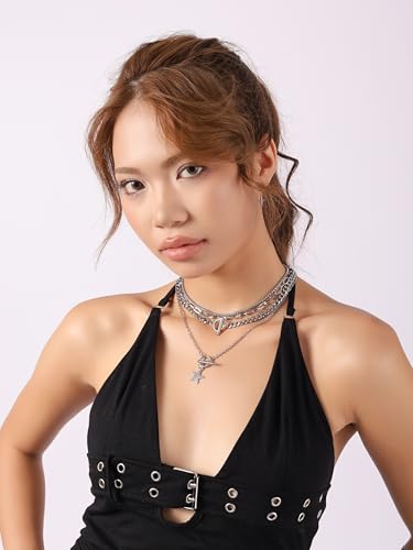 Sacina Goth Layered Star Choker Necklace, Gothic Punk Grunge Emo Necklace, Christmas Jewelry Gift for Women - color: Silver