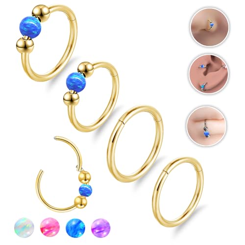 4PCS Nose Rings Opal 18G Nose Hoops 316L Surgical Steel Hypoallergernic Nose Piercings Jewelry for Women Nose Rings Suitable for Septum Rings Cartilage Earring Tragus Earring - color: Gold Bule, size: 4 PCS 18G 8mm*10mm
