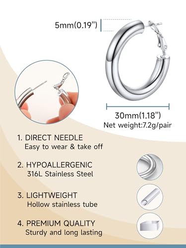 PROSTEEL Chunky Hoop Earrings for Women 14K Gold Plated/Black/Silver | 20/30/40/50/60/70/80mm Stainless Steel Thick Big Round Hoop with Waterproof and Non Tarnish Trendy Jewelry with Gift Box - color: 1. Silver, size: 30MM