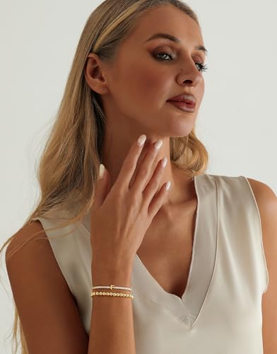 14K Gold Plated Bracelets for Women Dainty Tennis Initial Bracelet Trendy Beaded Stackable Charm Bracelets Layered Waterproof Bracelet Dainty Bracelet for Women Jewelry Gifts - style: F