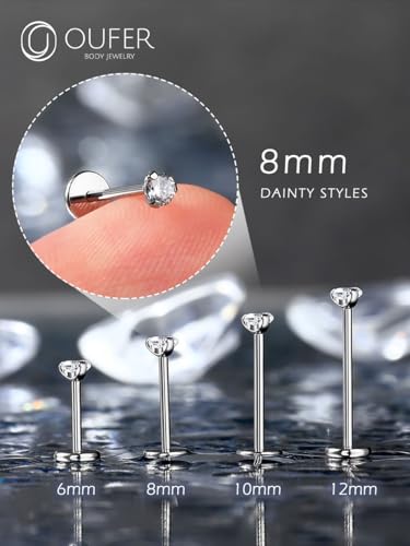 OUFER 2PCS Nose Piercings, G23 Solid Titanium Threadless Nose Rings 20G, Clear Tiny CZ Nose Stud Flat Back Nose Nostril Piercing Jewelry for Women Men - size: 2.5mm CZ_20g 8mm