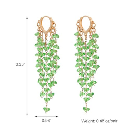Fringe Hoop Dangle Earrings, Long Beads Tassel Chain Earrings for Women Sparkly Chandelier Earrings - color: Green