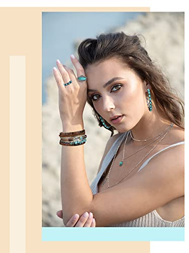 Ecally Bohemian Western Jewelry Turquoise Set Women Country Pendant Long Choker Layered Bracelets Earrings Ring for Women - color: Turquoise, style: Boho