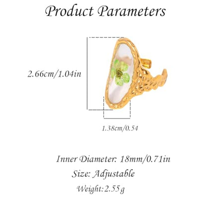Hebelee Handmade Dried Flower Statement Ring for Women | Gold-Toned Stainless Steel,Adjustable,Pressed Blossom Forget-Me-Not Flowers Open Band Rings,Wedding Holiday Jewelry - color: Hammered Oval A
