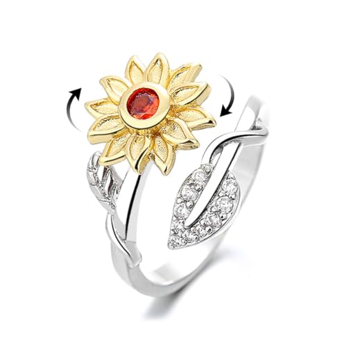 Hebelee Rotatable CZ Sunflower Spinner Ring for Women Fashion Crystal Rotating Flower Stackable Statement Open Wrap Finger Rings Comfort Fit Adjustable Fidget Anxiety Relieving Stress Jewelry - color: Leaf