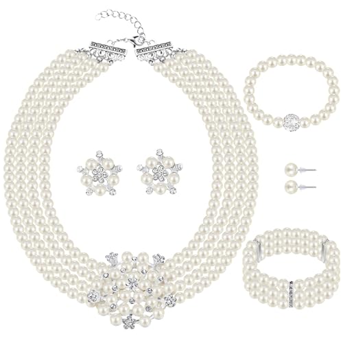 Glenmal Pearl Rhinestone Jewelry Set for Women Pearl Necklace Bracelet Earrings for Wedding Halloween Bridal Shower Tea Party - style: Vivid Style
