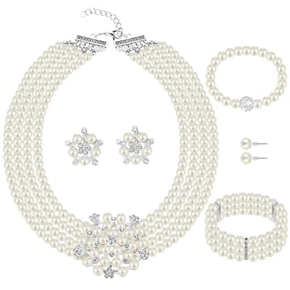 Glenmal Pearl Rhinestone Jewelry Set for Women Pearl Necklace Bracelet Earrings for Wedding Halloween Bridal Shower Tea Party - style: Vivid Style