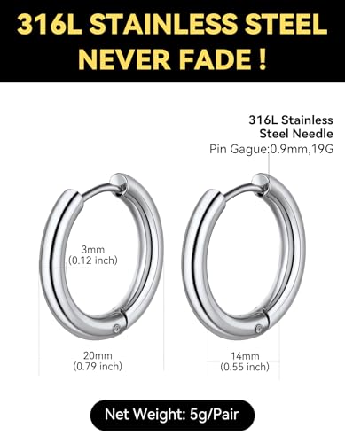 ChainsHouse Stud Earrings for Men Women,316L Stainless Steel/14K Gold/Black Plated Metal, Punk Hypoallergenic Surgical Huggie Hoop Earrings Mens Jewelry Piercing Hoop Earrings - style: H: Silver-Huggie Hoop(1 Pair)