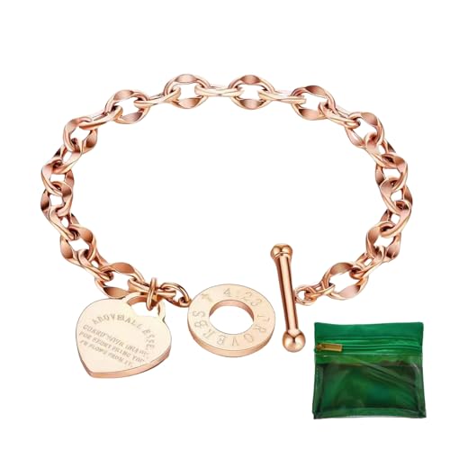Charm Bracelet for Women 18k Gold/Silver/Rose Gold Plated Love Heart Elegant OT Clasp Stainless Steel Green Bag Packaging Jewelry Gift Birthday - color: Rose Gold, size: 8 inch