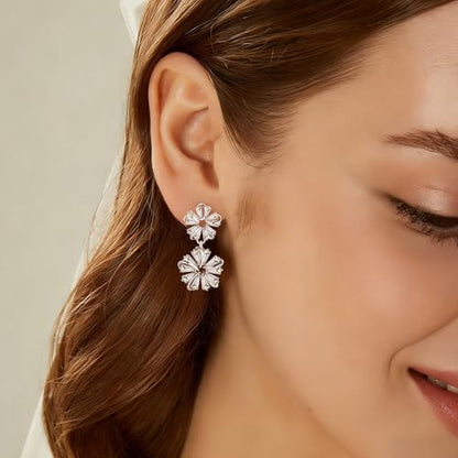 Gemsme Bridal Wedding Earrings for Brides Bridesmaides, 925 Sterling Silver Posts hypoallergenic Cubic Zirconia stud,Drop & Dangle Earrings for Women Jewelry Gifts - color: White - Flower Drop Earrings