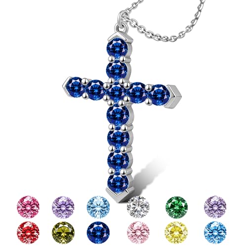 Cross Necklace for Women, Silver Cross Pendant Necklaces | 14K Gold Plated, Dainty CZ Cross Necklace, Non Tarnish and Hypoallergenic Jewelry for Women, Christian Religious Faith Gifts - color: A-Dark Blue-Silver