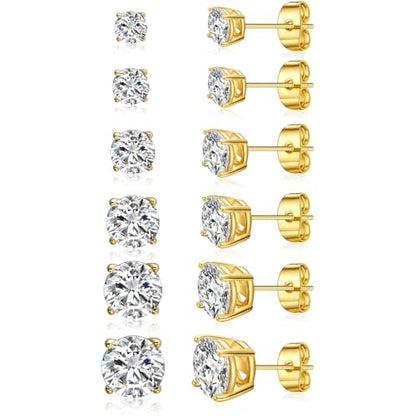 Gemsme 5 Pairs Princess Cut Cubic Zirconia Stud Earrings for Women/Men - 18K Gold Plated Hypoallergenic 3-7mm Square Clear CZ Earring Set - color: Gold