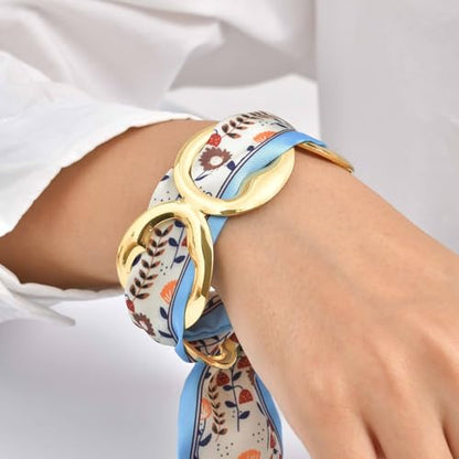 Women Trendy 2 in 1 Silk Scarf Wide Open Cuff Bangle Bracelet Set,18K Gold Plated Adjustable Scarf Cuff Bracelet, Stainless Steel Fashion Statement Wrist Cuff Wrap Jewelry Gifts - color: Blue