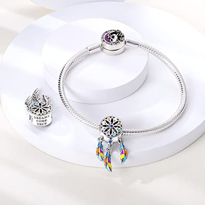 Hapour 925 Sterling Silver Charms for Bracelet Necklace Dangle Pendant Bead | Bear Charm, Elephant Zebra Cat Dream catcher Family Birthday European Jewelry Charm, For Women Mom - color: Colorful Dreamcatcher