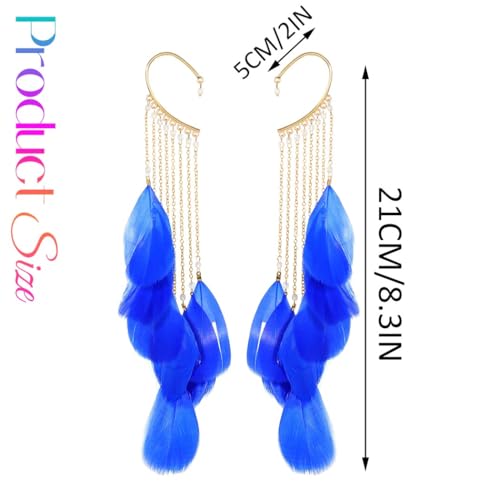 Catery Feather Earrings Long Tassel Boho Earrings Dangling Fringe Prom Jewelry for Women - color: Royal Blue