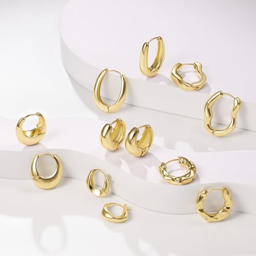 6 Pairs Gold Hoop Earrings Set for Women, 14K Gold Plated Huggie Chunky Earring Variety Pack, Hypoallergenic Thick Jewelry Gift - color: Gold Color