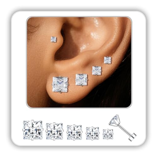 20G Hypoallergenic Surgical Steel Square Pearl Ball CZ Flat Back Stud Earrings for Sensitive Ear, Lightweight Shiny Earrings Studs for Helix Tragus Cartilage Multiple Piercing - color: Silver-B