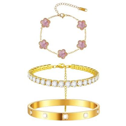 Gold Stackable Bracelets for Women 18K Gold Plated Floral Bracelet, Stainless Steel Bangle Bracelets Trendy Jewelry as Gifts for Women - style: Purple pink