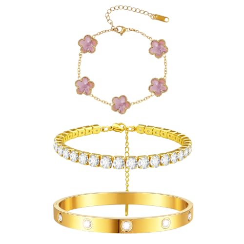 Gold Stackable Bracelets for Women 18K Gold Plated Floral Bracelet, Stainless Steel Bangle Bracelets Trendy Jewelry as Gifts for Women - style: Purple pink