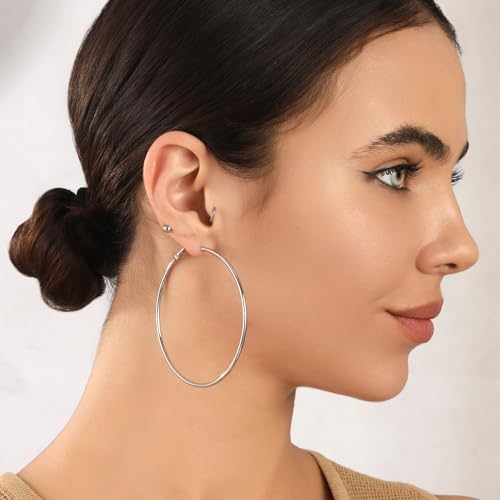 2mm Sterling Silver Big Hoop Earrings For Women - Large Hypoallergenic Circle Endless Thin Oversize Silver Hoops - color: Set,50mm/60mm/70mm,silver
