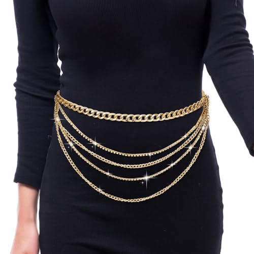 Molain Gold Layered Sparkly Rhinestone Chain Belt, Adjustable Bohemian Waist Belt Gold Rhinestones Belly Waistband for Women