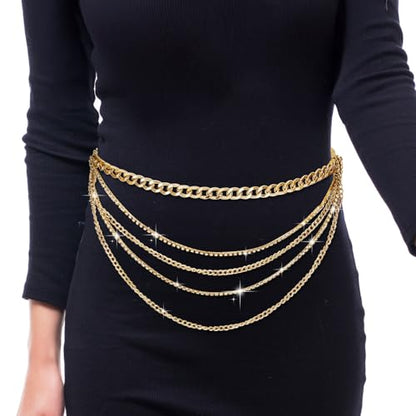 Molain Gold Layered Sparkly Rhinestone Chain Belt, Adjustable Bohemian Waist Belt Gold Rhinestones Belly Waistband for Women