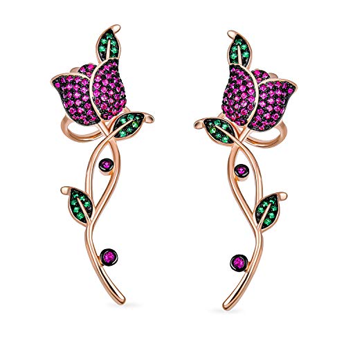 3D Wire Reddish Pink Cubic Zirconia Micro Pave Flower Red Rose Flower Helix Ear Pin Climber Crawler Cartilage Lobe Earrings For Women Teen Rose Gold Plated Brass