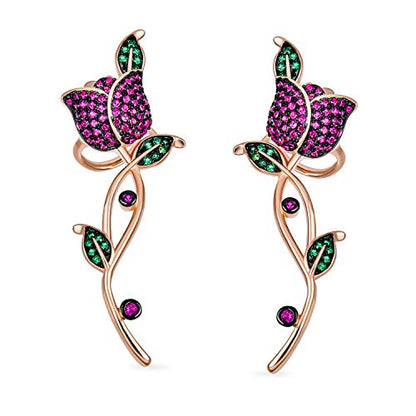 3D Wire Reddish Pink Cubic Zirconia Micro Pave Flower Red Rose Flower Helix Ear Pin Climber Crawler Cartilage Lobe Earrings For Women Teen Rose Gold Plated Brass