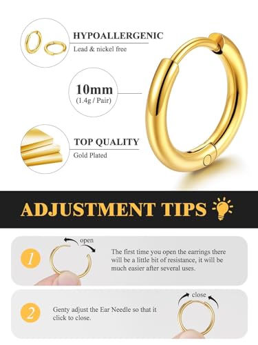 Small Hoop Earrings for Women 7-16mm Stainless Steel Huggie Earrings Lightweight - color: c. Gold A, size: Diameter 10mm