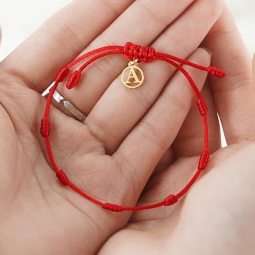 Red String Bracelet with Initial Letter and 7 Protective Knots – Adjustable Kabbalah Bracelet for Women & Men, Personalized Good Luck Charm for Positive Energy - color: A