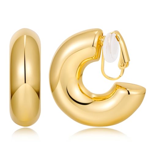 WOWORAMA Chunky Gold Hoop Clip On Earrings for Women | Large Chunky Hoops Clips Earrings, Polished Gold-Plated Clip-On Hoops, Statement Non Pierced Jewelry - color: 30mm Chunky Hoops