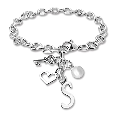 Initial A-Z Bracelets Gift for Women Girls Stainless Steel Chain Bracelet 26 Alphabet Jewelry Gifts for Birthday Anniversary Letter Bracelet Monogram Gifts for Sister Friend Girlfriends Mom 8.26 Inch - color: S