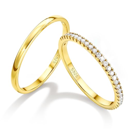 MILACOLATO 2Pcs Solid 925 Sterling Silver Rings for Women 1.3mm Thin Non Tarnish White Gold Plated Plain Thumb Stackable Rings Half Cubic Zirconia Wedding Eternity Band Rings Size 5-10 - color: 14K Gold Plated