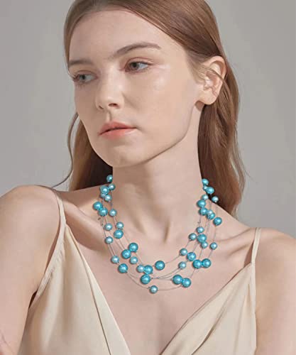 FULU AUTUMN Layered Pearl Necklace Multi-strand Pearl Choker Necklaces for Women Beaded jewelry for Wedding Parties - color: Turquoise